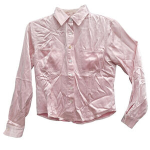 Vintage 80s Harlow Pink Shiny Two Breast Pockets Long Sleeve‎ Button Down Blouse